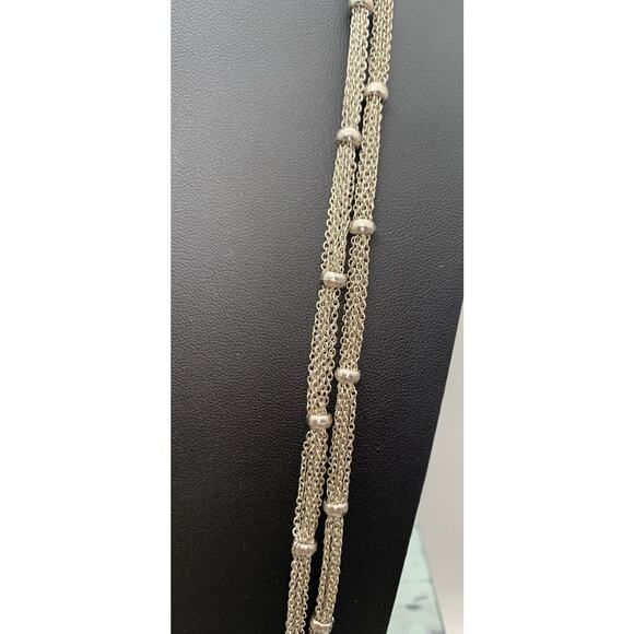 Silver Tone Double Layered Mesh Chain Mail Ball Bead Station Necklace - Picture 3 of 6